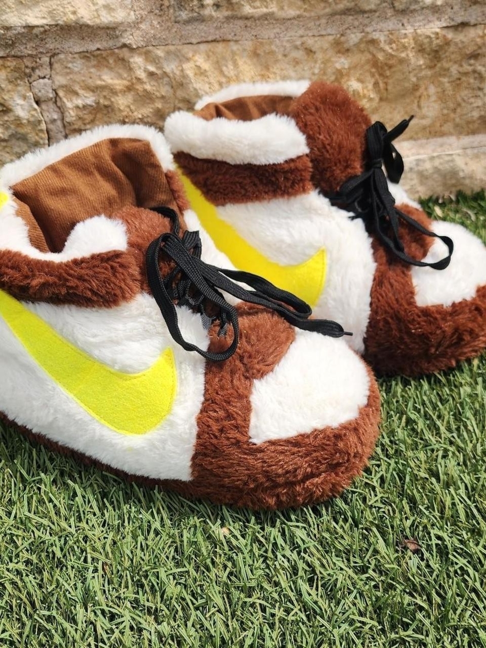 Nike Dunk High Kids Plush Slipper Sneakers - Brown, White & Yellow Swoosh